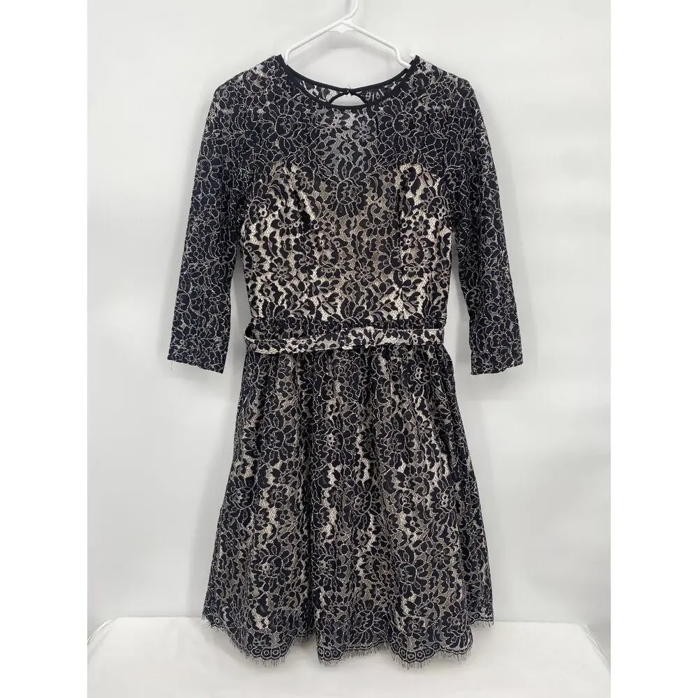 Eliza J Black Lace Overlay Tan Lined Cocktail Dress Belt Long Sleeve 6